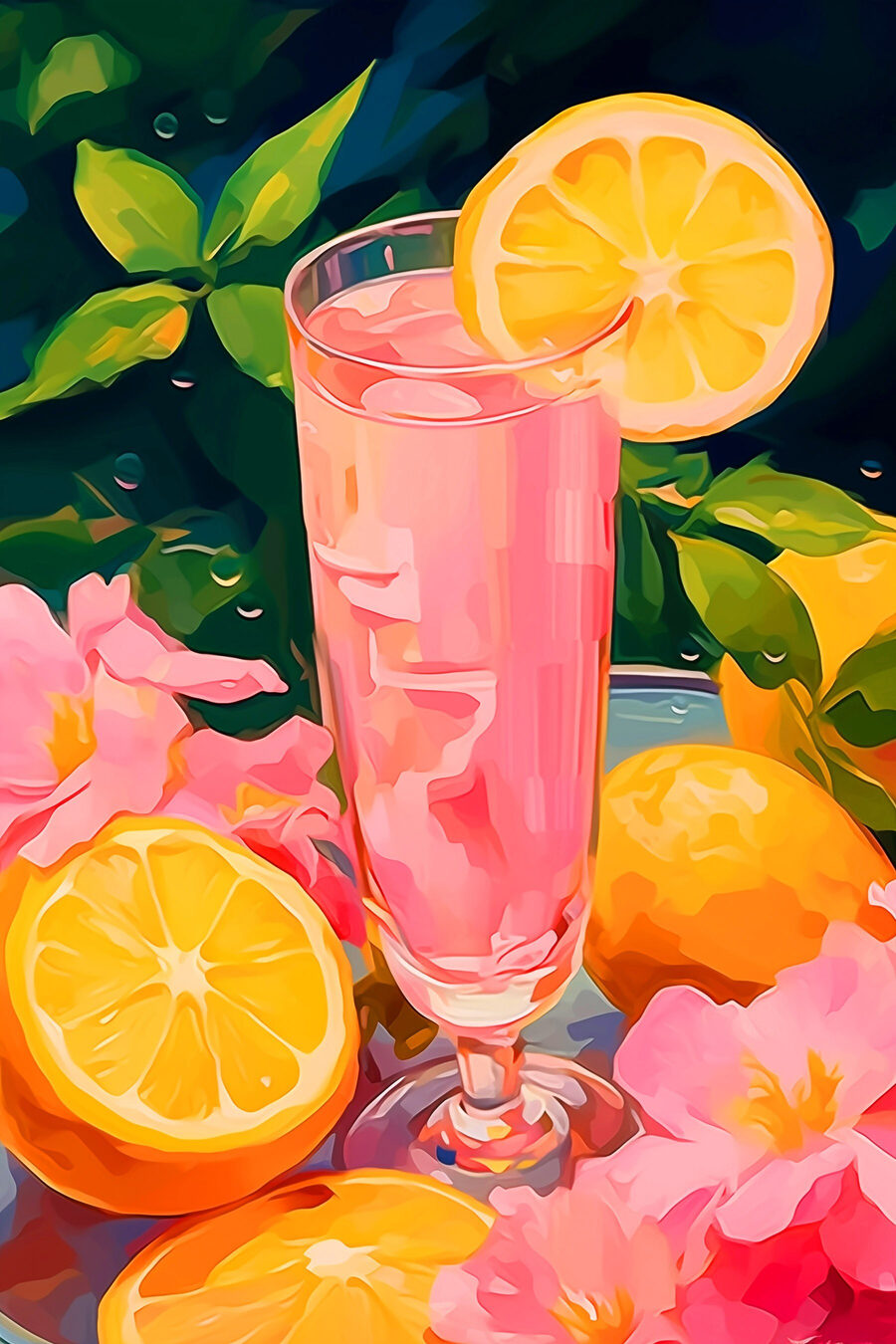 Glas mit rosa Flüssigkeit, Zitronen und Blumen Glas mit rosa Flüssigkeit, Zitronen und Blumen