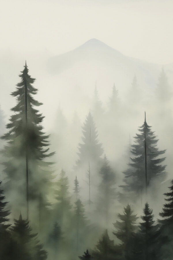 Nebliger Wald mit Bäumen und einem Berg im Hintergrund Nebliger Wald mit Bäumen und einem Berg im Hintergrund