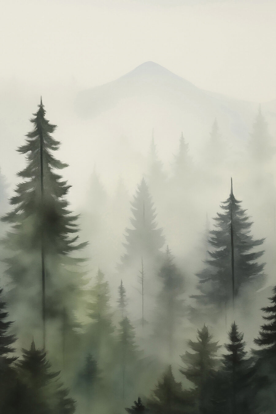 Nebliger Wald mit Bäumen und einem Berg im Hintergrund