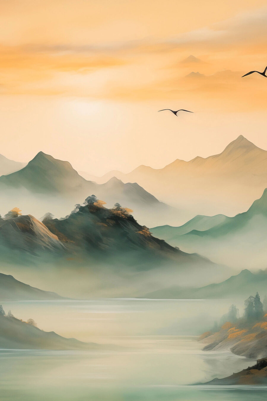 Vögel fliegen über Berge