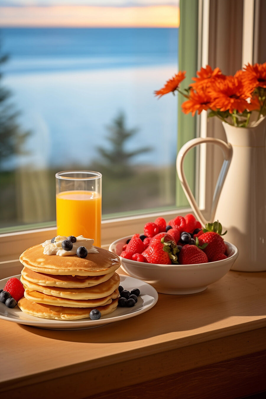 Stapel Pfannkuchen mit Beeren und einem Glas Saft auf einem Tisch