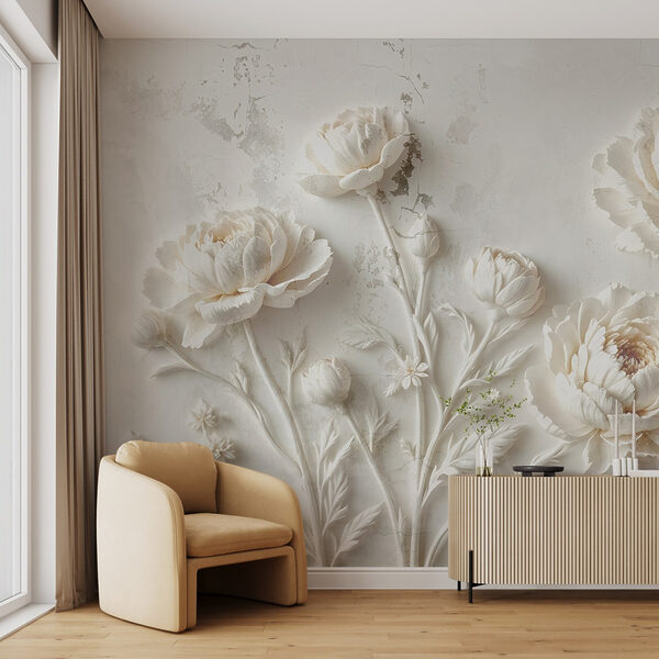 Weiße Blumenschnitzerei an einer Wand Fototapeten Weiße Blumenschnitzerei an einer Wand