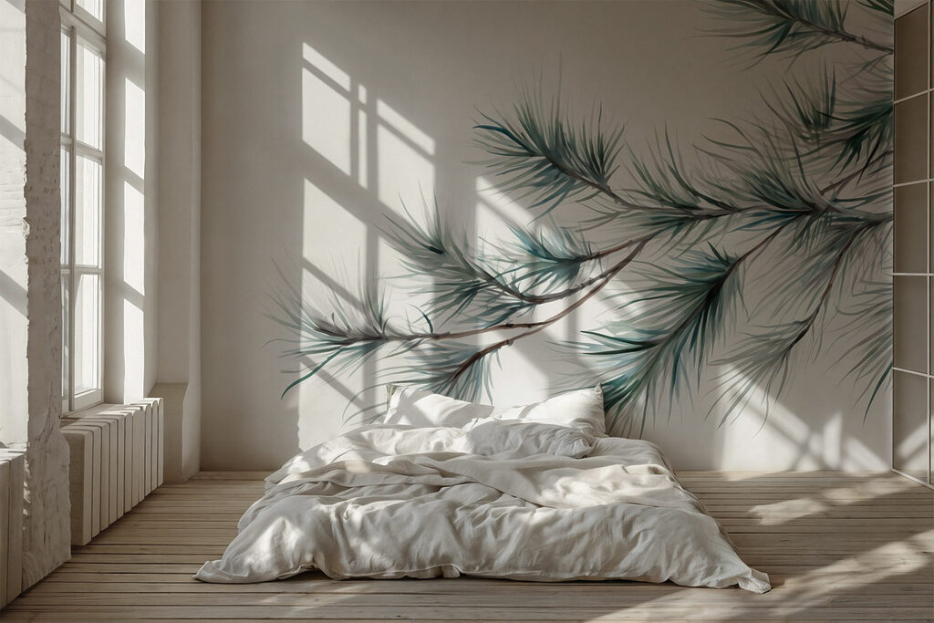 Delicate pine branches against white backdrop