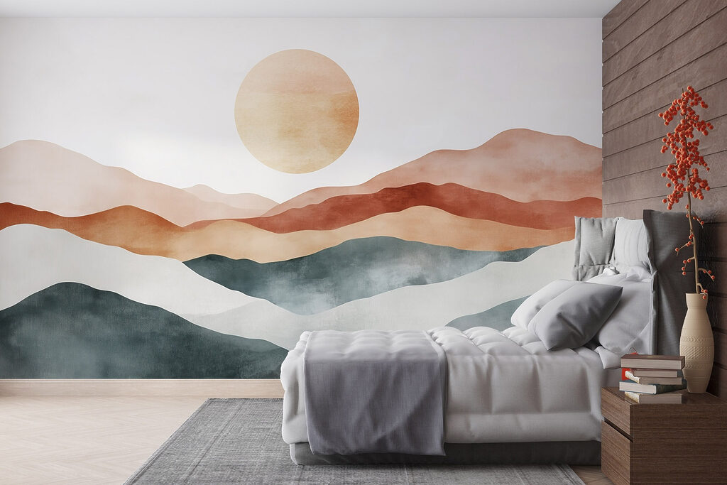 Painting of mountains and sun