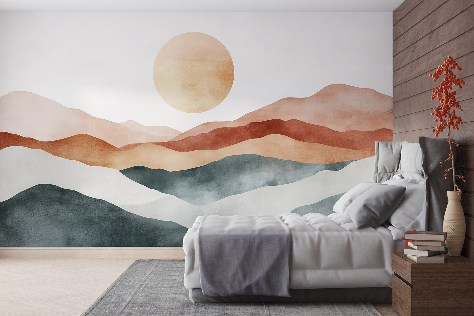 Painting of mountains and sun