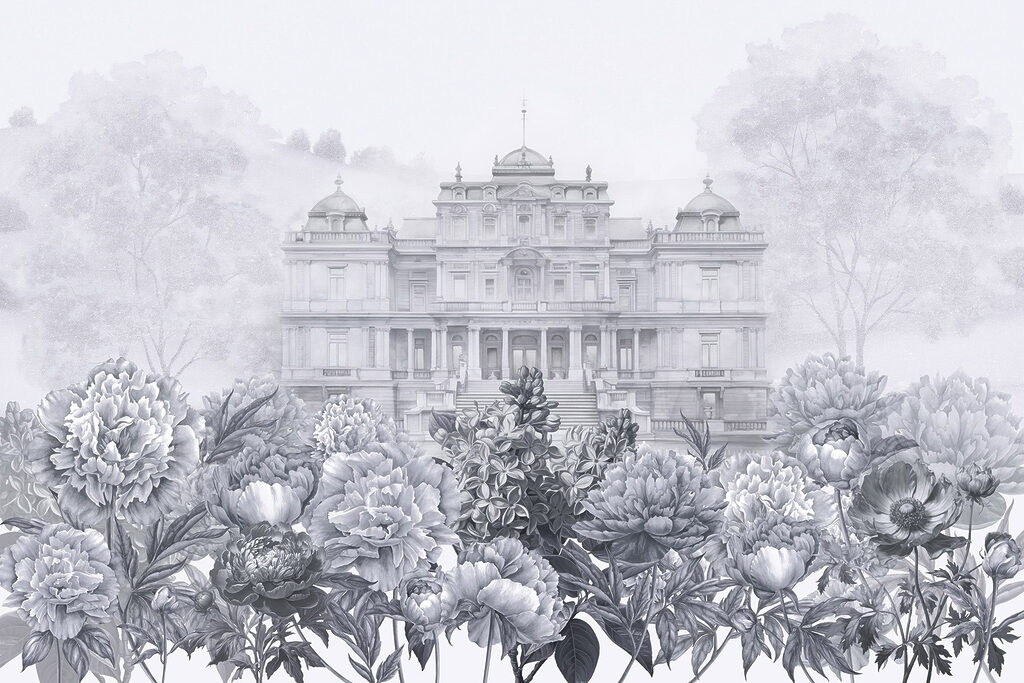 Large white building with flowers