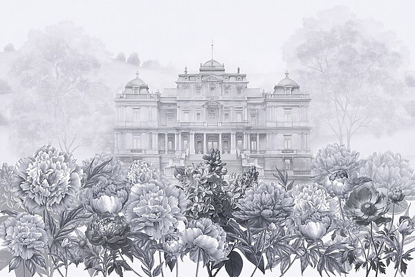 Large white building with flowers