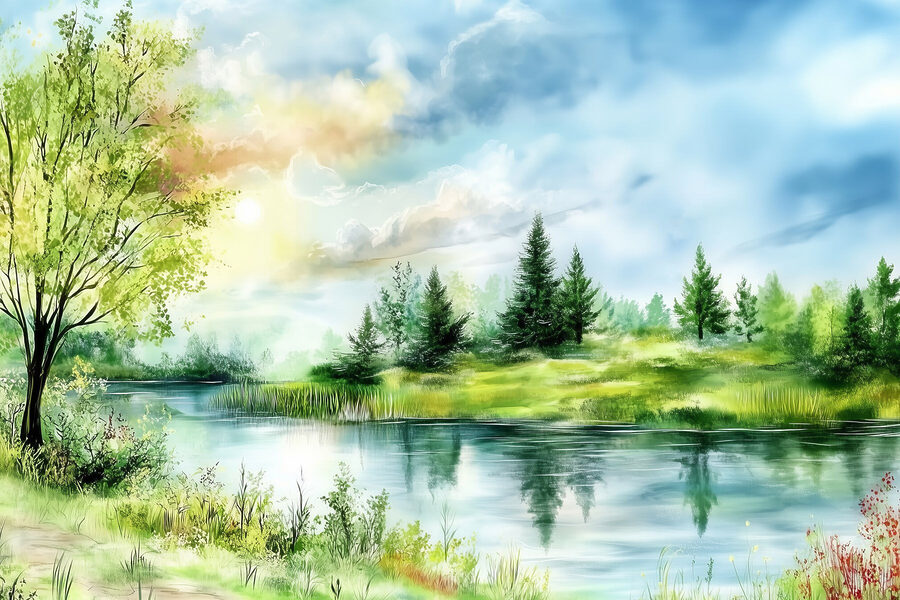 Aquarellmalerei eines Sees mit Bäumen und Gras