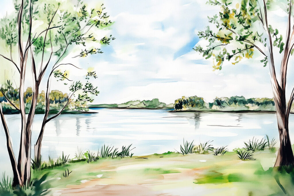 Watercolor of a lake with trees and grass