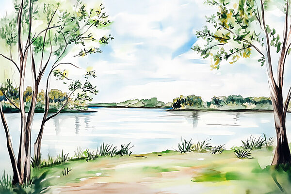 Aquarell eines Sees mit Bäumen und Gras Aquarell eines Sees mit Bäumen und Gras