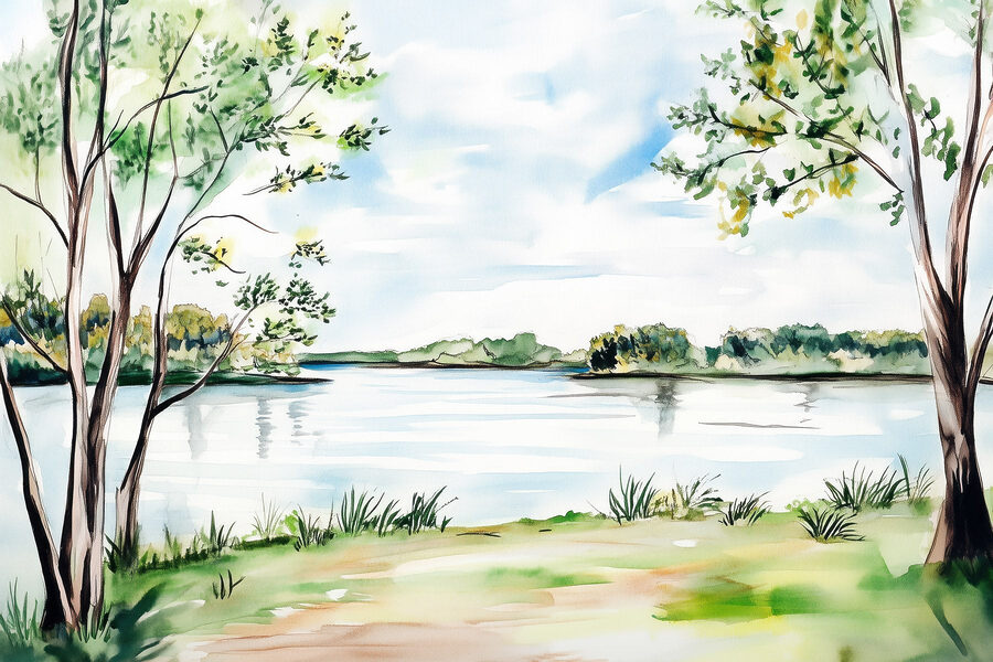 Aquarell eines Sees mit Bäumen und Gras