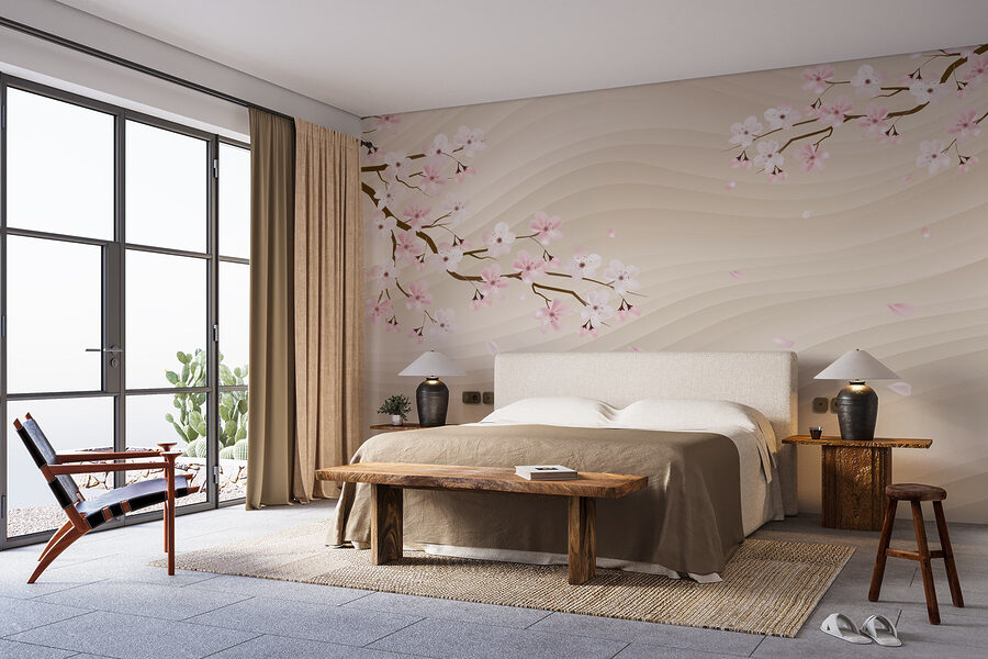 Baumzweig mit weißen und rosa Blüten