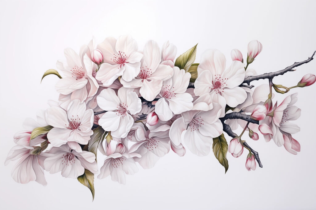 Malerei von weißen Blumen auf einem Zweig Malerei von weißen Blumen auf einem Zweig