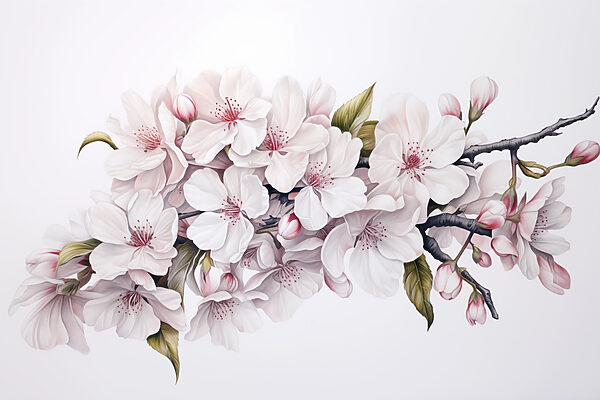 Malerei von weißen Blumen auf einem Zweig Malerei von weißen Blumen auf einem Zweig