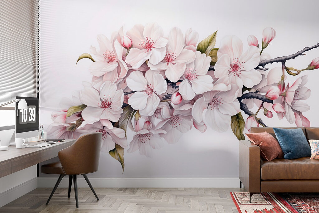 Painting of white flowers on a branch Painting of white flowers on a branch