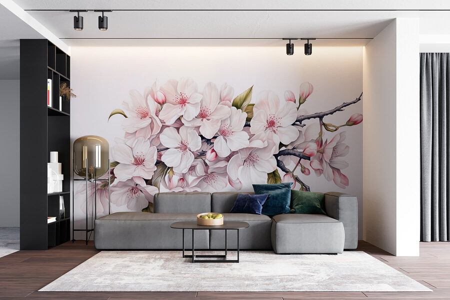 Malerei von weißen Blumen auf einem Zweig
