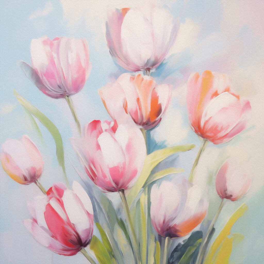Painting of pink and white tulips Painting of pink and white tulips