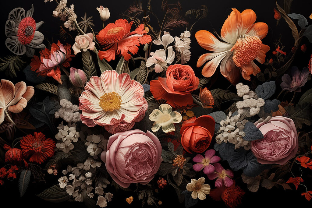 Gruppe von Blumen auf einem schwarzen Hintergrund Gruppe von Blumen auf einem schwarzen Hintergrund