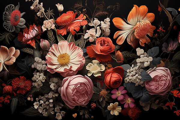 Gruppe von Blumen auf einem schwarzen Hintergrund Gruppe von Blumen auf einem schwarzen Hintergrund
