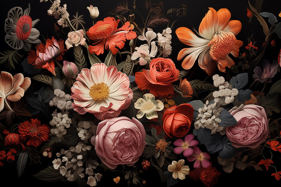 Gruppe von Blumen auf einem schwarzen Hintergrund