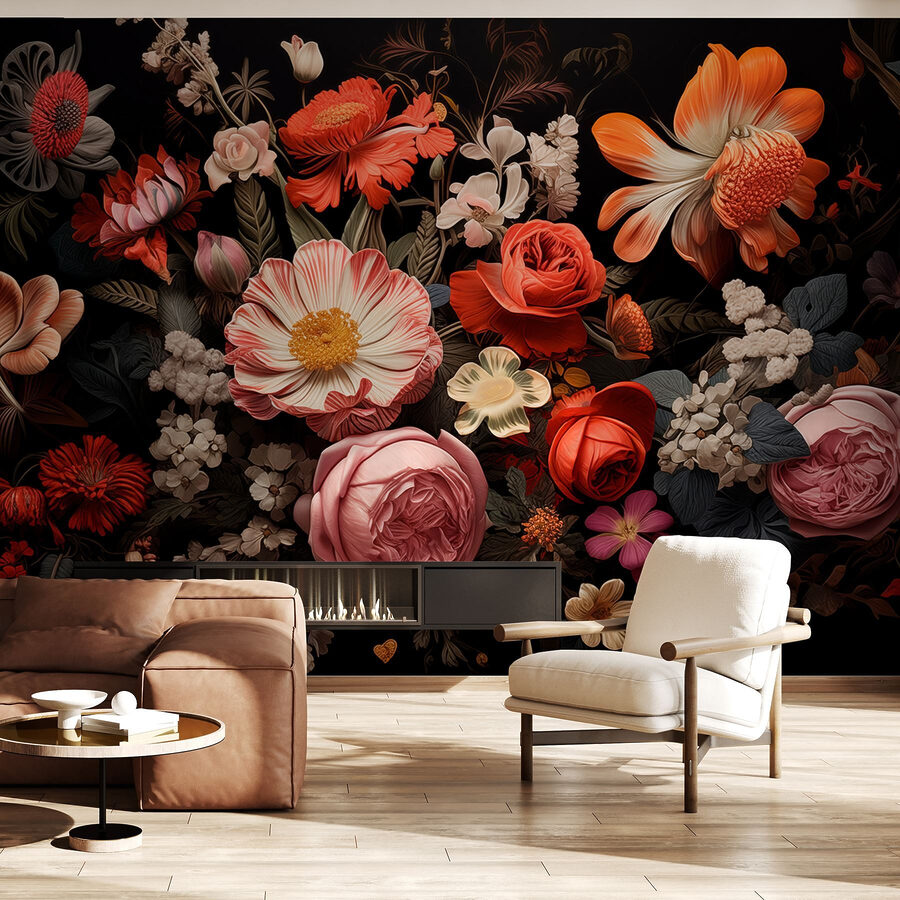 Gruppe von Blumen auf einem schwarzen Hintergrund