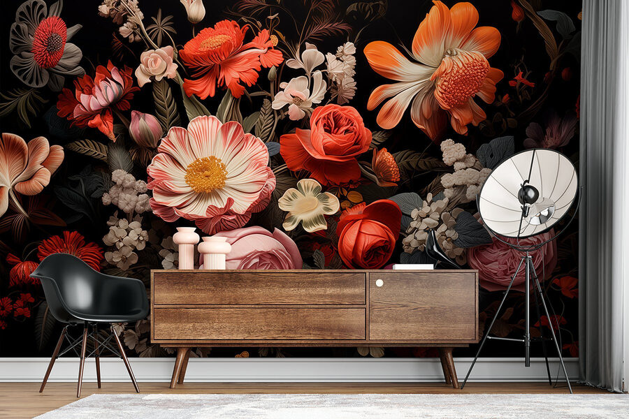 Gruppe von Blumen auf einem schwarzen Hintergrund
