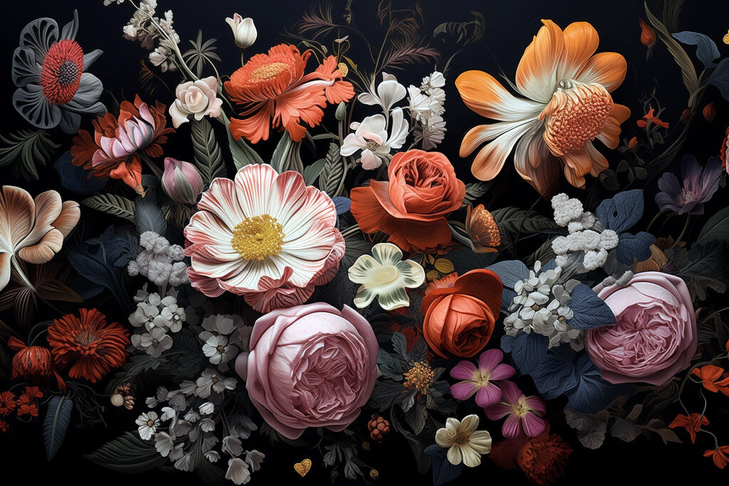 Gruppe von Blumen auf einem schwarzen Hintergrund Gruppe von Blumen auf einem schwarzen Hintergrund