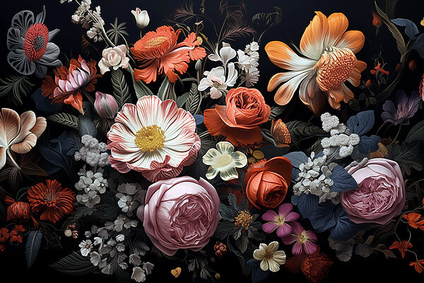 Gruppe von Blumen auf einem schwarzen Hintergrund Gruppe von Blumen auf einem schwarzen Hintergrund