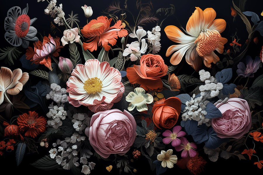 Gruppe von Blumen auf einem schwarzen Hintergrund