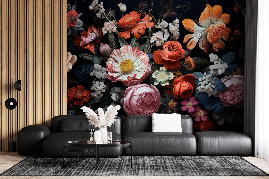 Gruppe von Blumen auf einem schwarzen Hintergrund