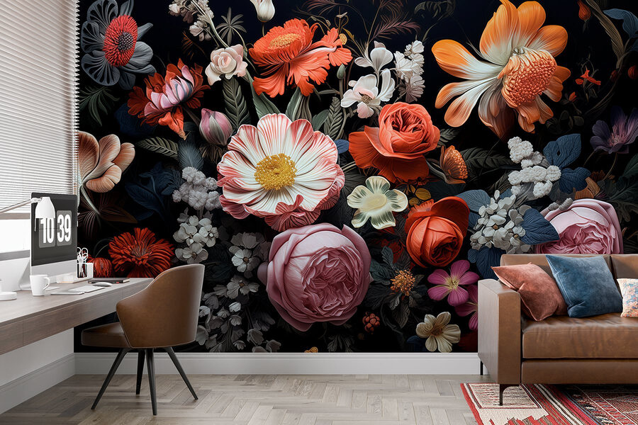 Gruppe von Blumen auf einem schwarzen Hintergrund