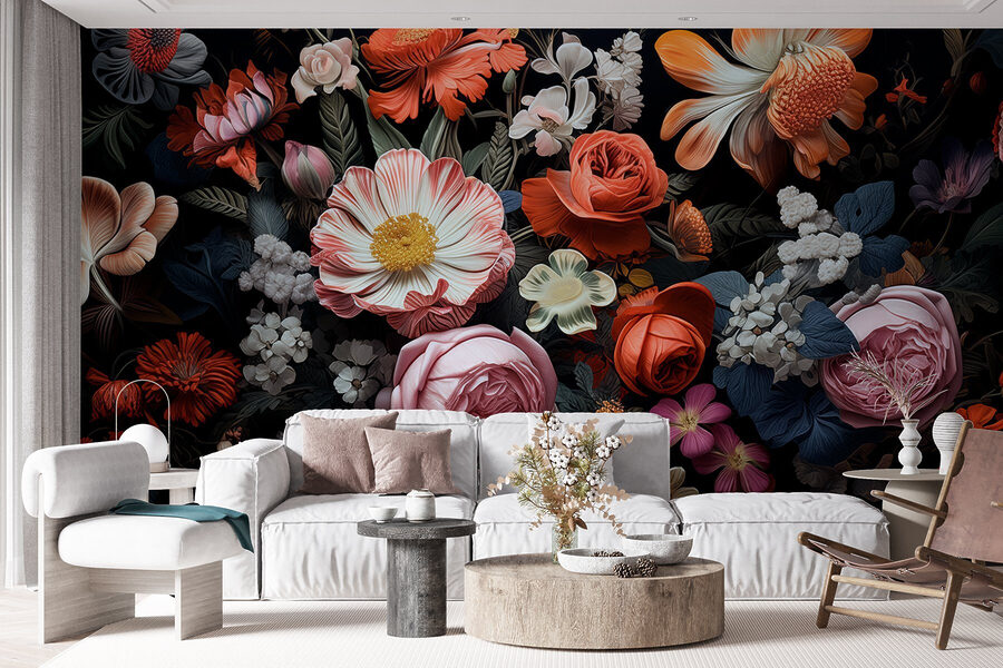 Gruppe von Blumen auf einem schwarzen Hintergrund
