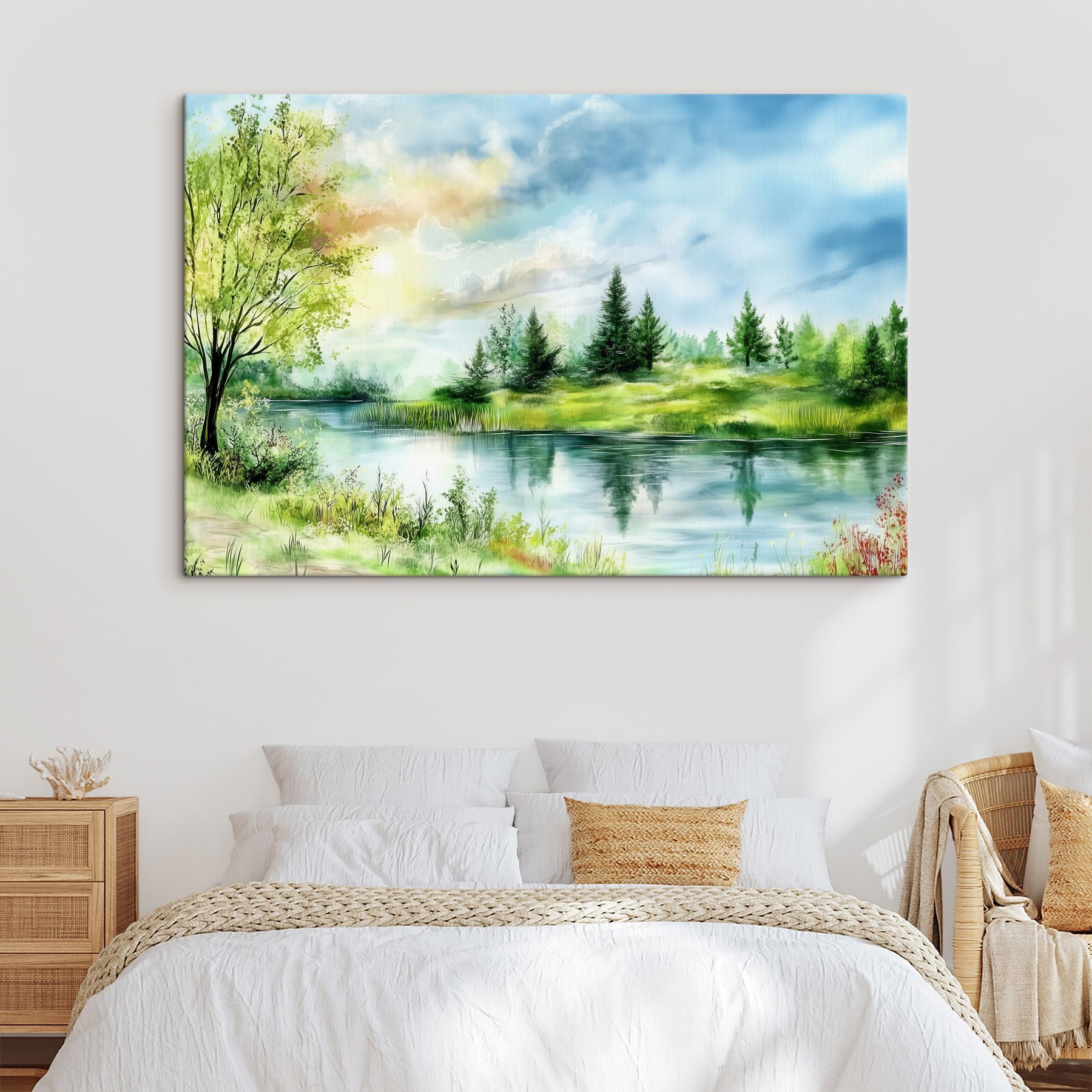 Watercolor painting of a lake with trees and grass