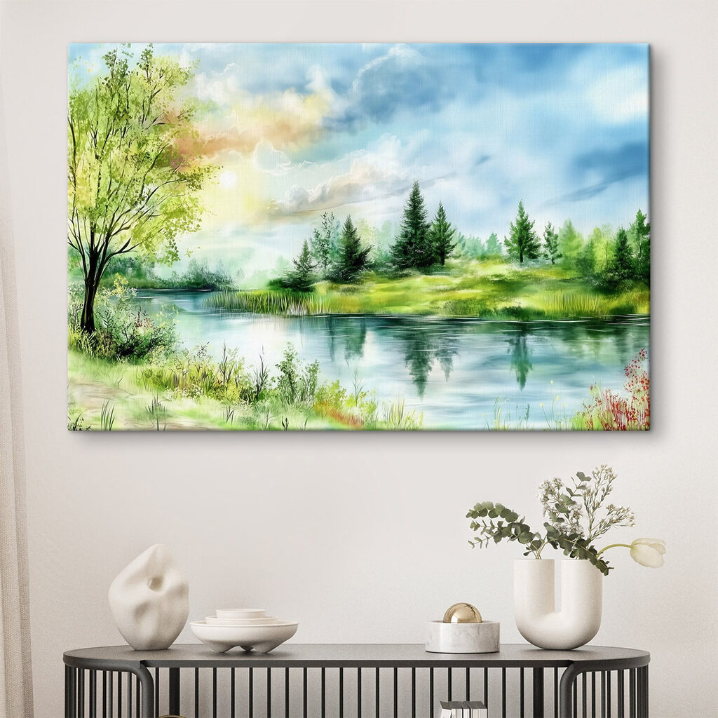 Watercolor painting of a lake with trees and grass