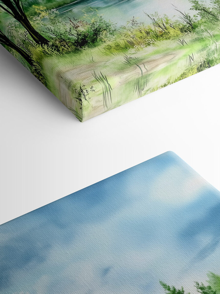 Aquarellmalerei eines Sees mit Bäumen und Gras