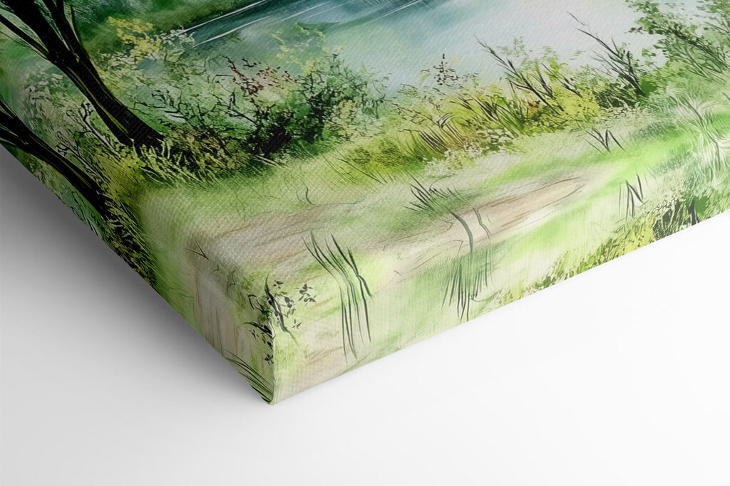 Watercolor painting of a lake with trees and grass