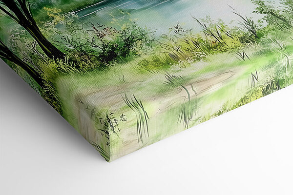 Aquarellmalerei eines Sees mit Bäumen und Gras Aquarellmalerei eines Sees mit Bäumen und Gras