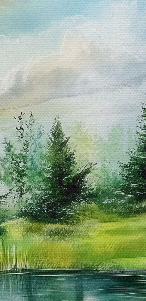 Watercolor painting of a lake with trees and grass