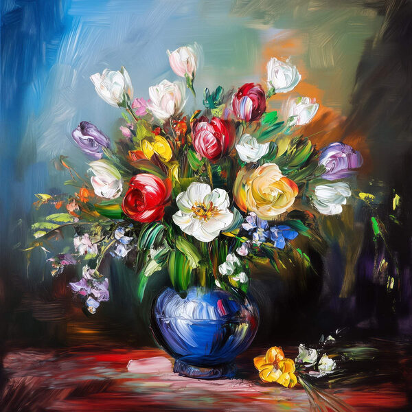 Gemälde mit Blumen in einer blauen Vase Gemälde mit Blumen in einer blauen Vase