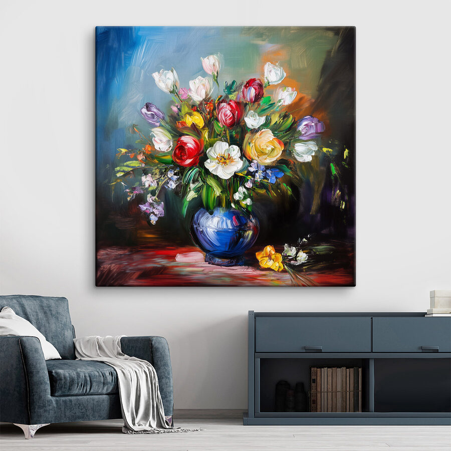 Gemälde mit Blumen in einer blauen Vase Gemälde mit Blumen in einer blauen Vase