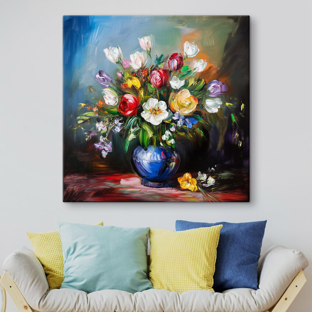 Painting of flowers in a blue vase Painting of flowers in a blue vase