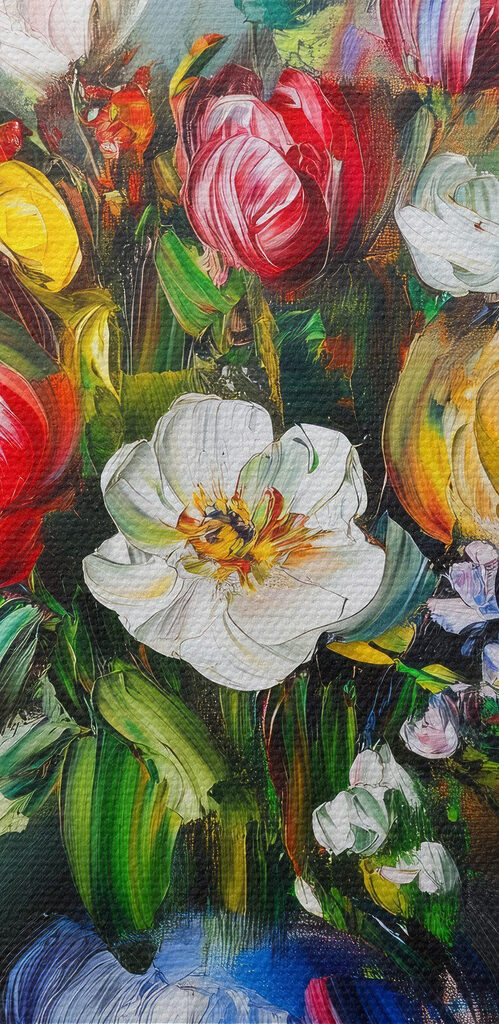 Painting of flowers in a blue vase Painting of flowers in a blue vase