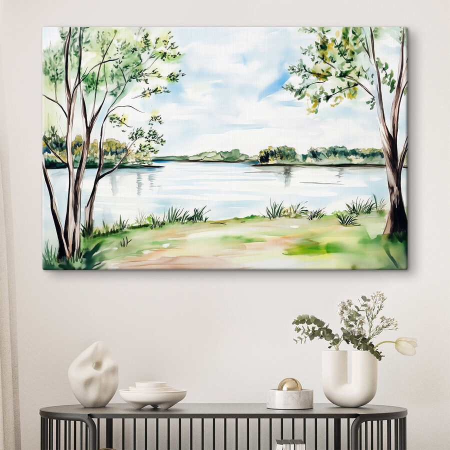 Aquarell eines Sees mit Bäumen und Gras