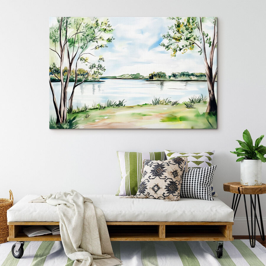 Aquarell eines Sees mit Bäumen und Gras
