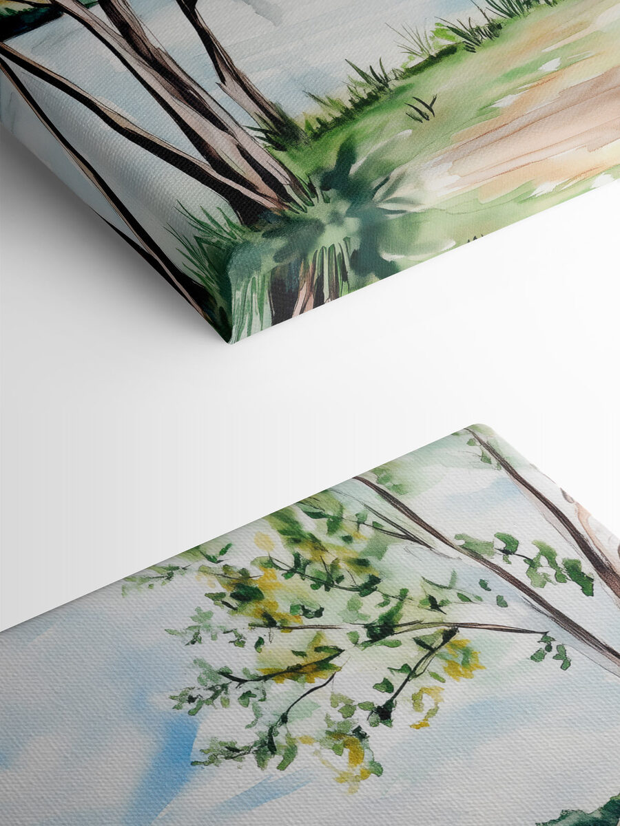 Aquarell eines Sees mit Bäumen und Gras