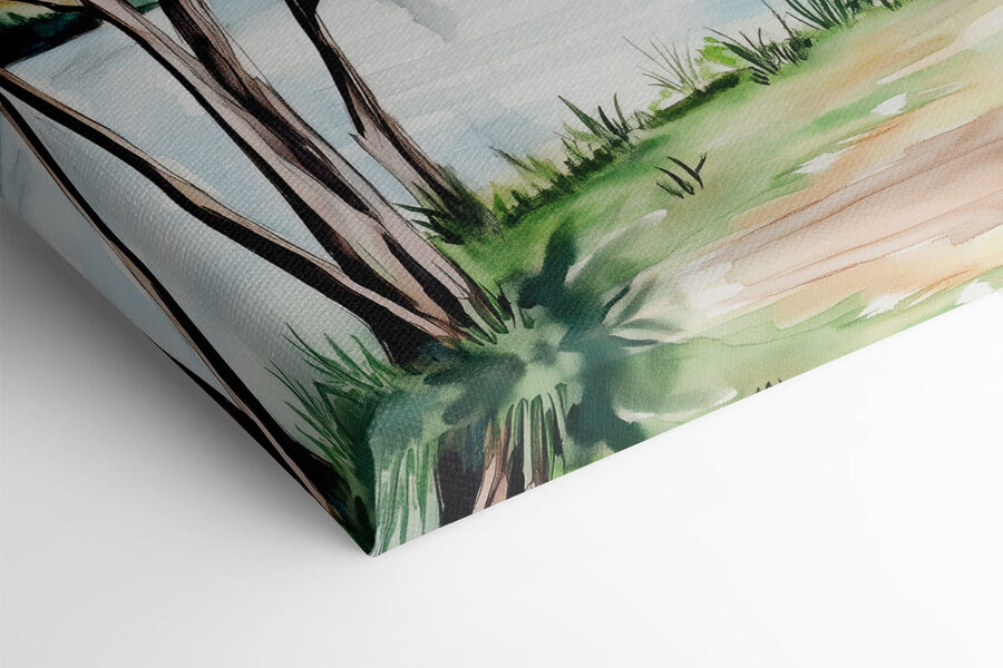 Aquarell eines Sees mit Bäumen und Gras