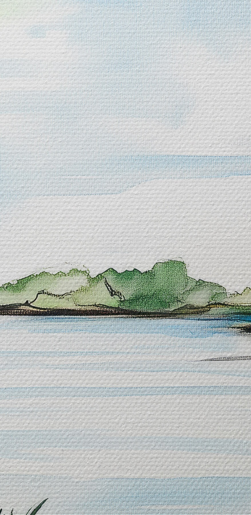 Aquarell eines Sees mit Bäumen und Gras