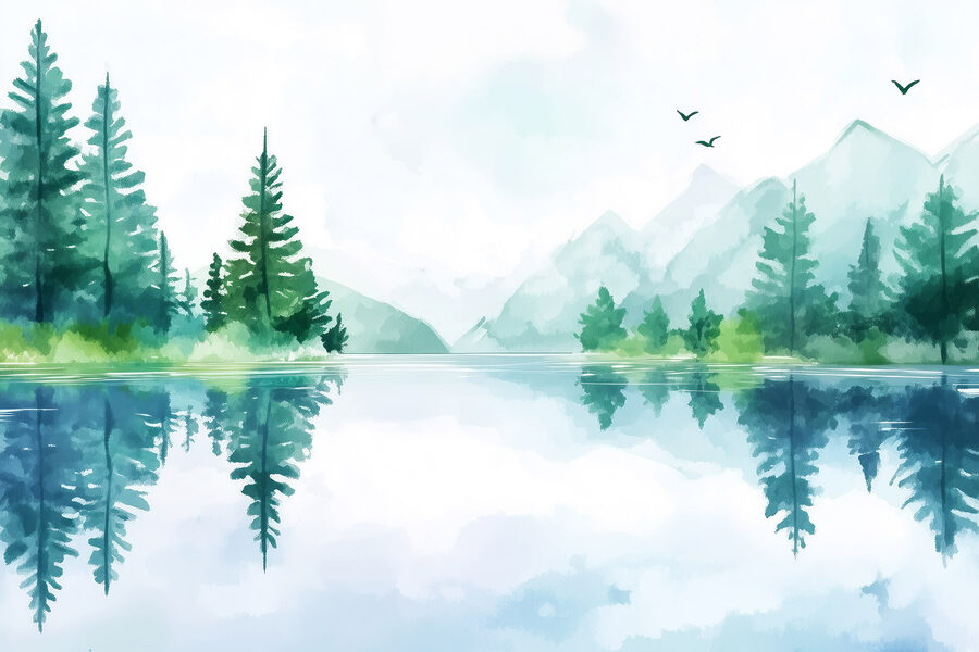 Wasser mit Bäumen und Bergen im Hintergrund