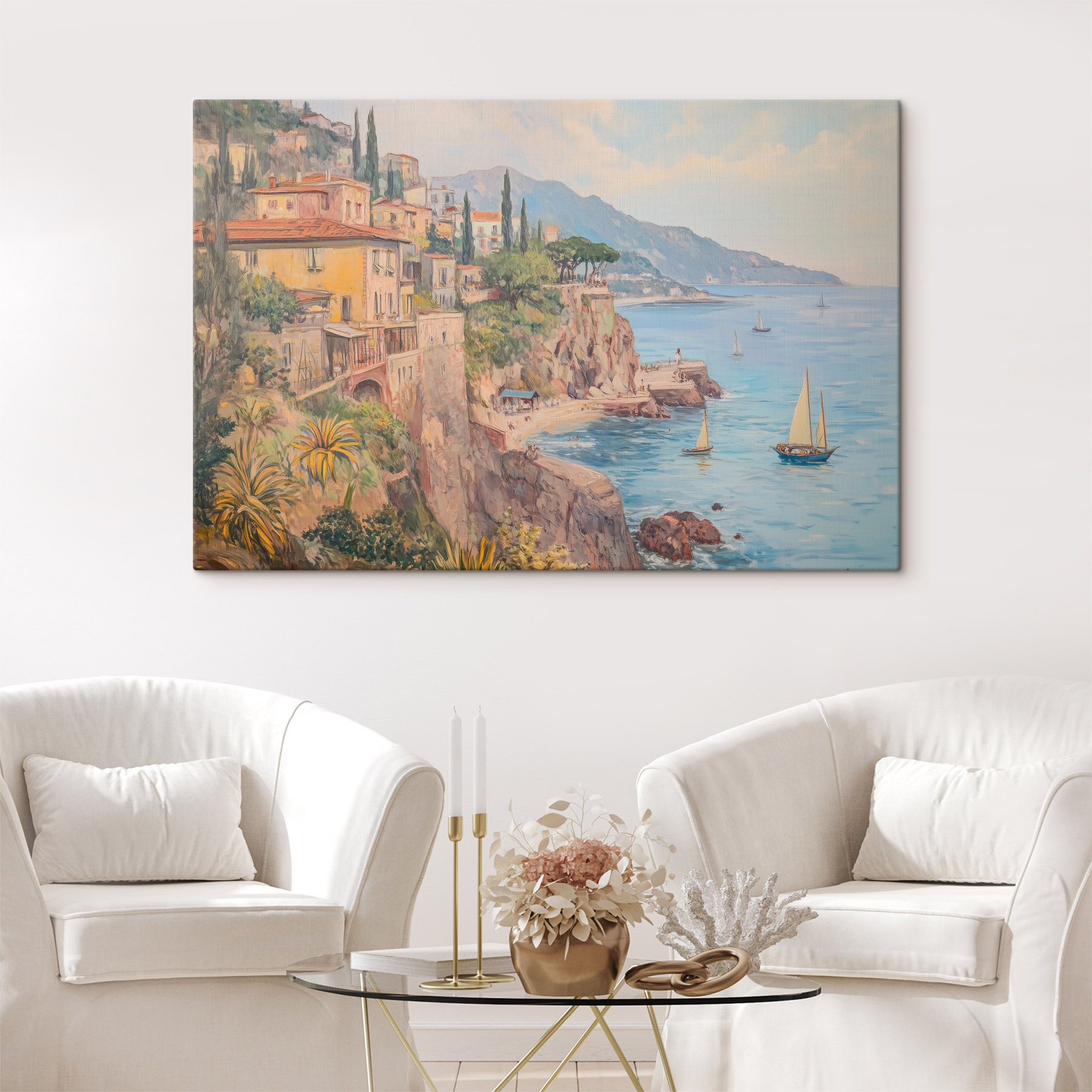 Painting of a town on a cliff by the water