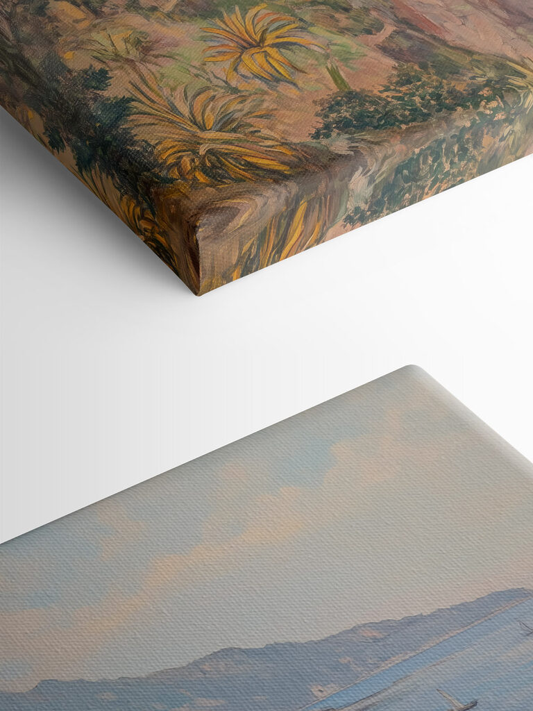 Painting of a town on a cliff by the water